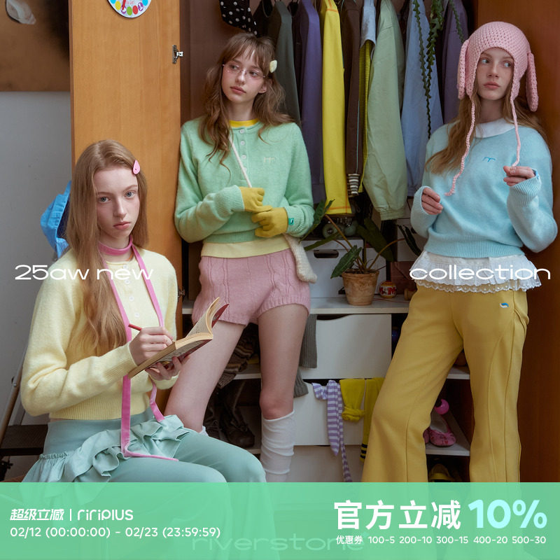 riverstone plus 糖果色圆领纽扣毛衣女慵懒感短款软糯针织衫上衣