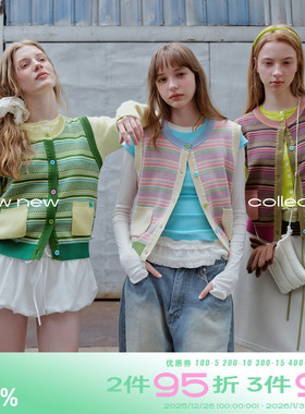 riverstone plus 彩色条纹小清新针织毛线马甲秋季开衫无袖上衣