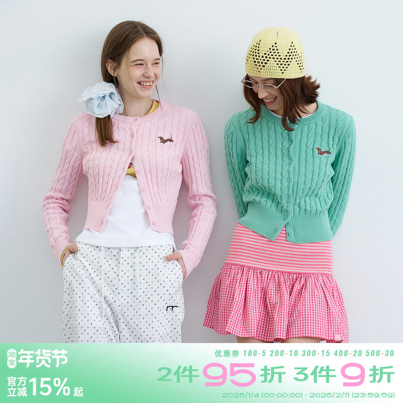 riverstone plus 多巴胺腊肠狗刺绣圆领毛衣女麻花纹短款针织开衫