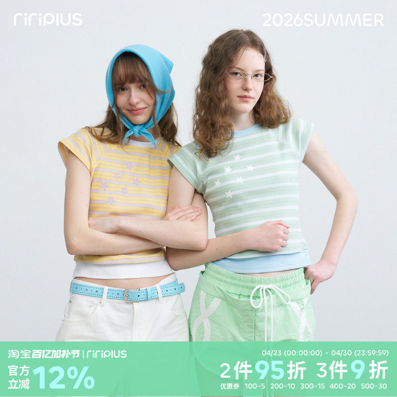 riverstone plus 横条纹星星印花飞飞袖短袖T恤女设计感撞色上衣