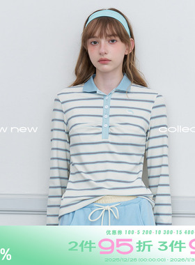 riverstone plus 撞色百搭条纹长袖t恤秋季翻领修身POLO衫上衣女