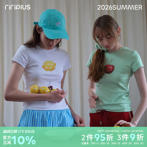 riverstone plus  水果波点印花正肩短袖T恤女修身收腰潮流打底衫
