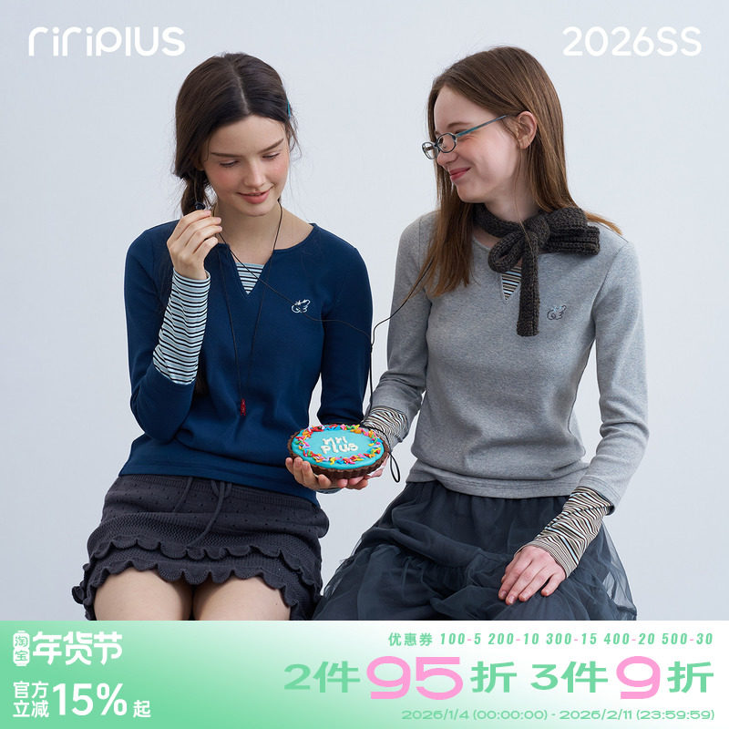 riverstone plus v领袖口拼接条纹长袖T恤女假两件修身显瘦打底衫,女装/女士精品,T恤,淘宝优惠券,粉丝福利购,淘宝优惠卷