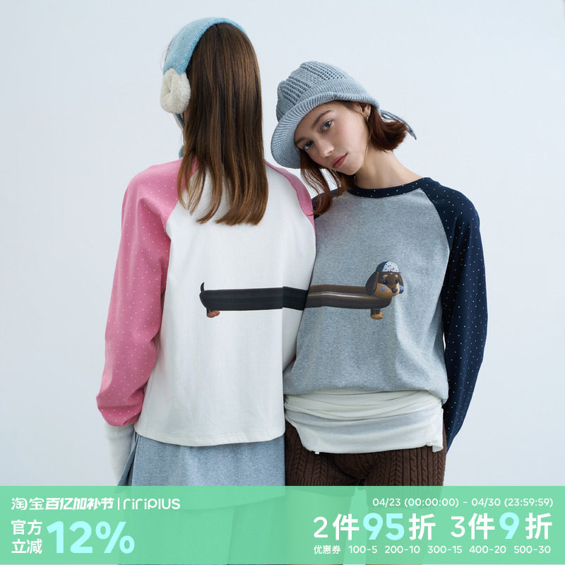 riverstone plus 圆领腊肠狗狗印花拼接长袖T恤女波点插肩打底衫