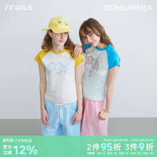 plus T恤女打底衫 插肩袖 短袖 童趣手绘转圈小猫短袖 riverstone