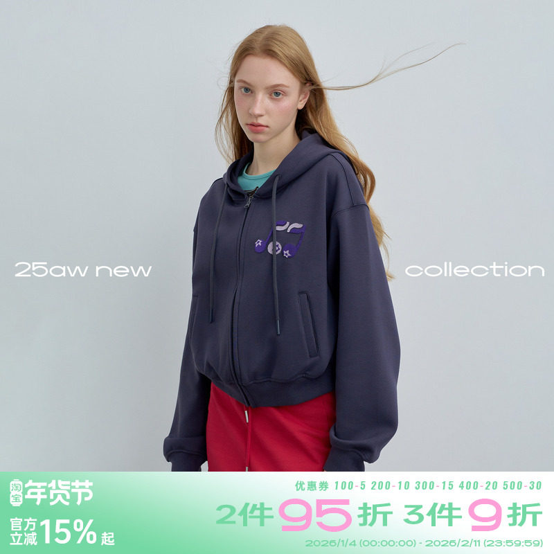 riverstone plus 音符刺绣短款连帽开衫卫衣春季宽松拉链外套女