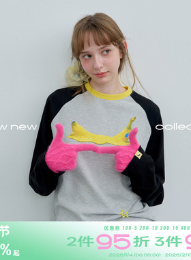 riverstone plus水果印花插肩袖长袖T恤女秋季撞色条纹打底衫上衣