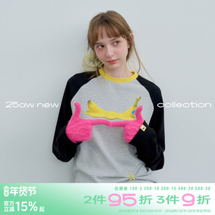 riverstone plus水果印花插肩袖长袖T恤女春季撞色条纹打底衫上衣