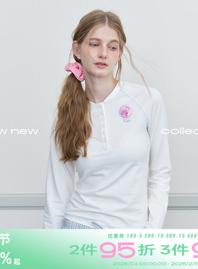 riverstone plus 撞色明线亨利领长袖T恤秋季修身显瘦百搭上衣女