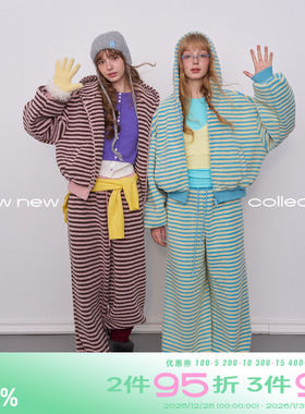 riverstone plus 条纹羊羔绒棉服外套女摇粒绒连帽上衣加厚套装