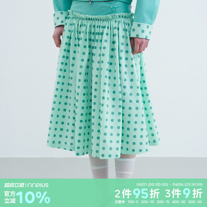 riverstone plus 假两件花边褶皱波点蓬蓬中长裙女甜美半身A字裙