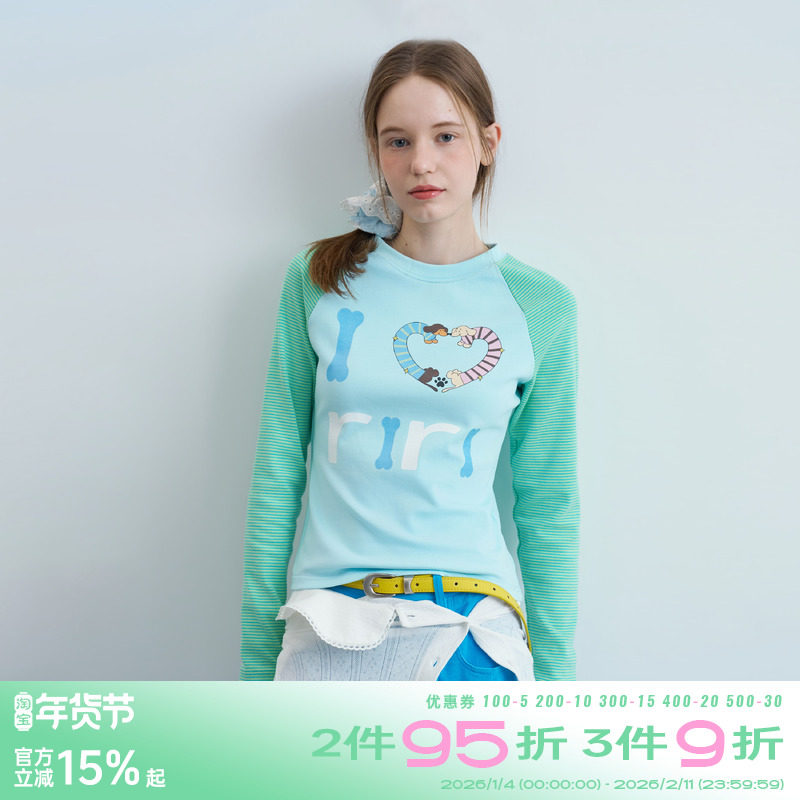 riverstone plus 可爱腊肠狗狗条纹修身长袖T恤女撞色打底衫上衣