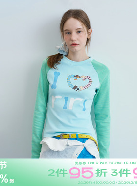 riverstone plus 可爱腊肠狗狗条纹修身长袖T恤女撞色打底衫上衣