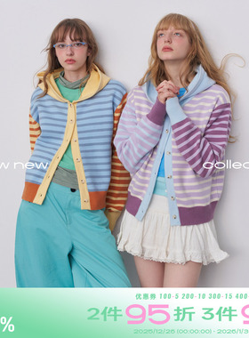 riverstone plus 多巴胺条纹拼色针织连帽外套女冬季螺纹收腰毛衣