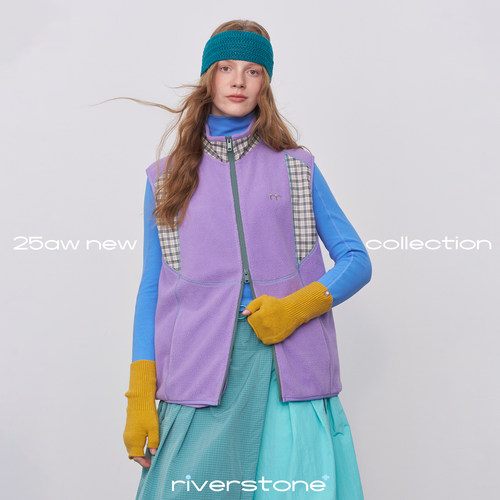 riverstone plus 复古色系摇粒绒马甲女冬季撞色刺绣格纹拉链外套