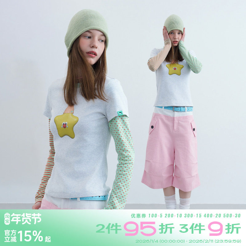 riverstone plus 假两件星星印花圆领长袖T恤女波点条纹打底衫,女装/女士精品,T恤,淘宝优惠券,粉丝福利购,淘宝优惠卷