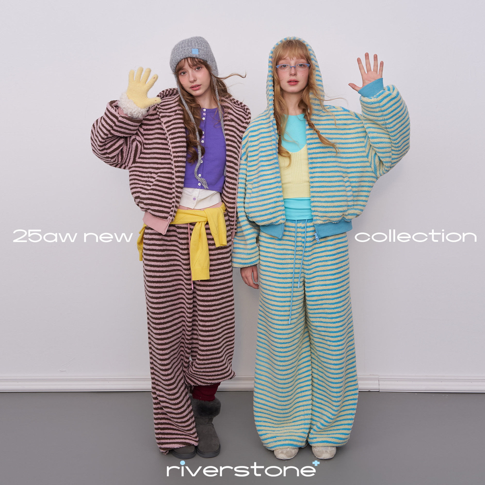 riverstone plus 条纹羊羔绒棉服外套女摇粒绒连帽上衣加厚套装