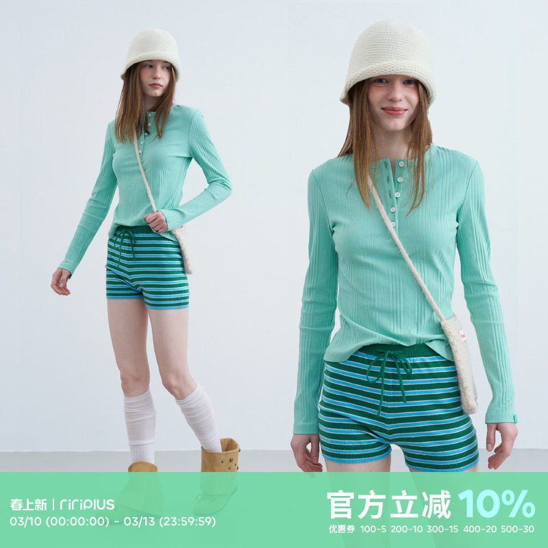 riverstone plus亨利领竖条纹修身长袖T恤女慵懒打底衫138元