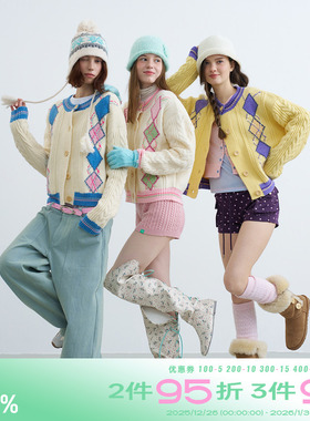 riverstone plus 美式复古学院风菱格纹毛衣女圆领针织麻花纹开衫