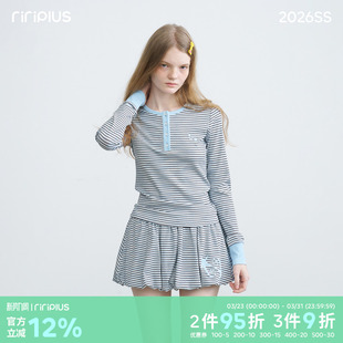 riverstone plus 亨利领晕染条纹星星刺绣长袖T恤女半身短裙套装