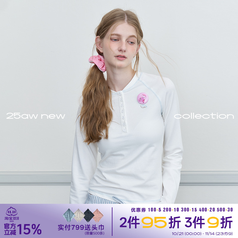 riverstone plus 撞色明线亨利领长袖T恤秋季修身显瘦百搭上衣女