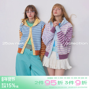 riverstone plus 多巴胺条纹拼色针织连帽外套女冬季螺纹收腰毛衣