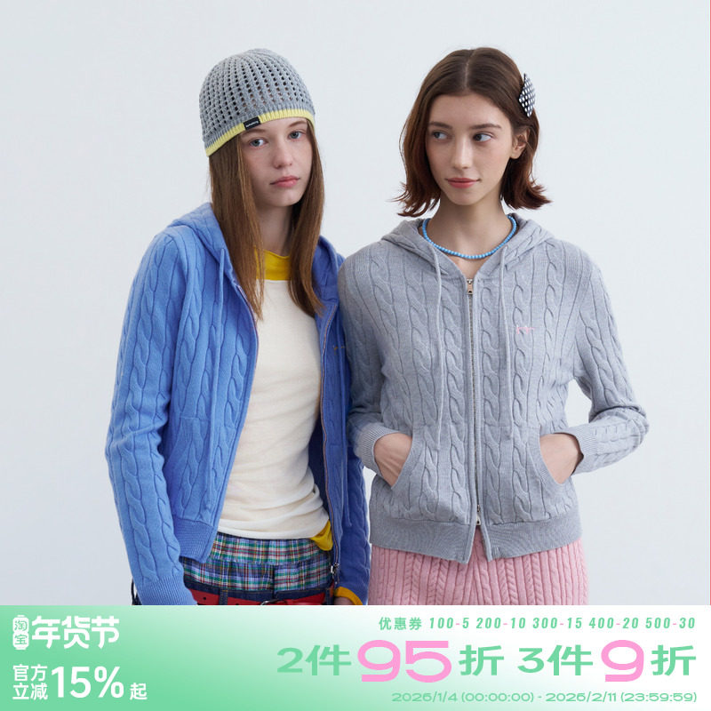 riverstone plus 连帽刺绣麻花纹修身显瘦毛衣女针织拉链开衫外套