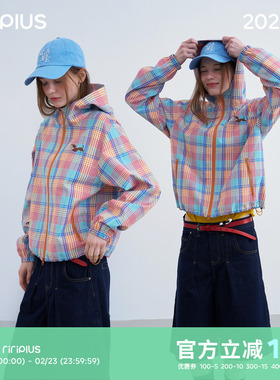 riverstone plus 格纹腊肠狗刺绣连帽防风衣女撞色休闲夹克外套