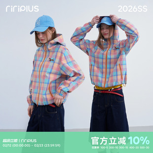 riverstone plus 格纹腊肠狗刺绣连帽防风衣女撞色休闲夹克外套