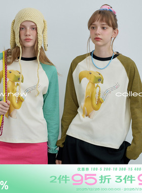 riverstone plus 香蕉狗印花圆领撞色长袖T恤女秋季条纹宽松上衣