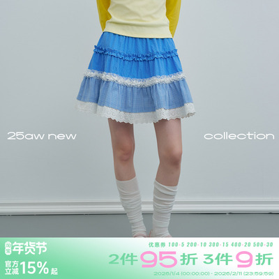 riverstone plus 蕾丝木耳边格纹半身裙春季新款A字花边蛋糕短裙