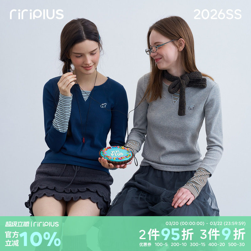 riverstone plus v领袖口拼接条纹长袖T恤女假两件修身显瘦打底衫