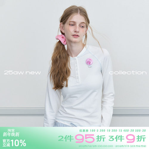 riverstone plus 撞色明线亨利领长袖T恤秋季修身显瘦百搭上衣女