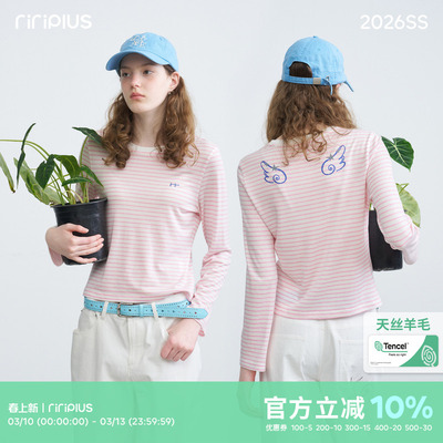 riverstone plus 天丝羊毛圆领翅膀印花长袖T恤女修身百搭打底衫