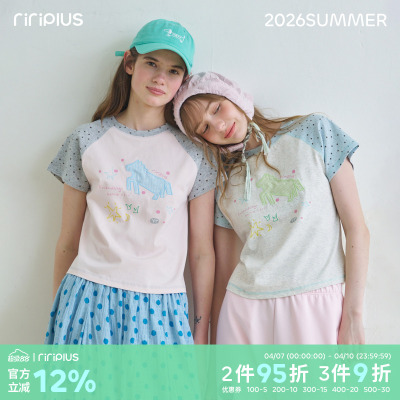 riverstone plus 童趣小马拼布星星拼接短袖T恤女趣味插肩打底衫