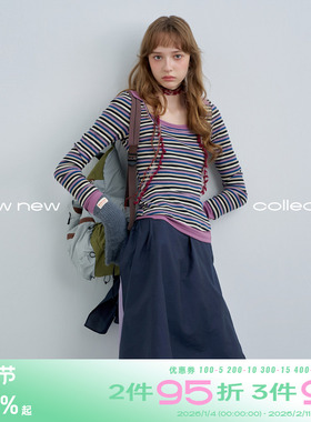 riverstone plus 彩色条纹方领正肩长袖T恤女秋季修身内搭打底衫