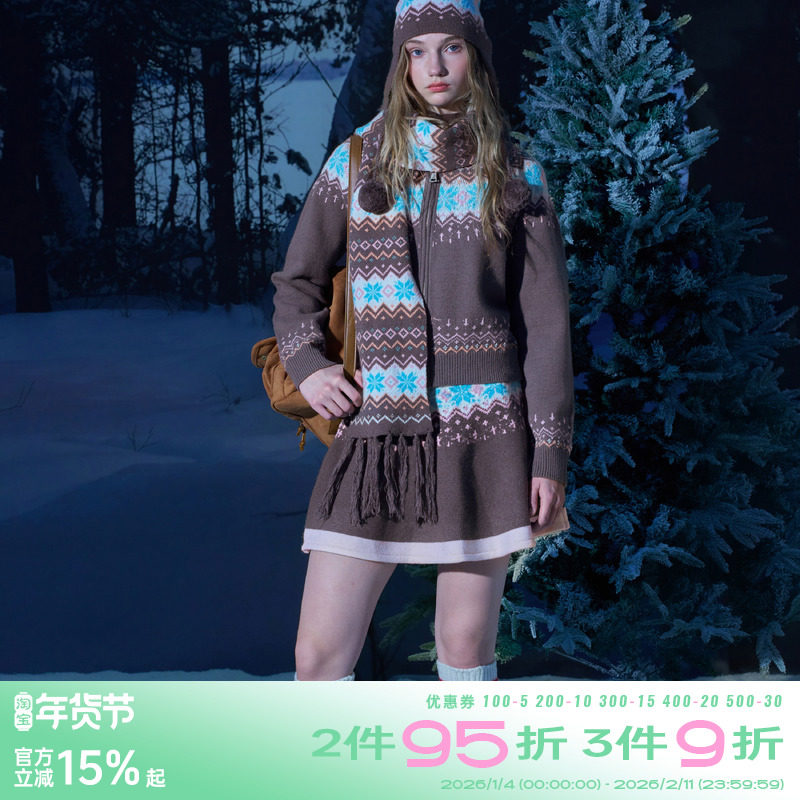 riverstone plus 费尔岛复古雪花翻领开衫针织外套女冬季半裙套装