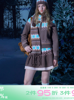 riverstone plus 费尔岛复古雪花翻领开衫针织外套女冬季半裙套装