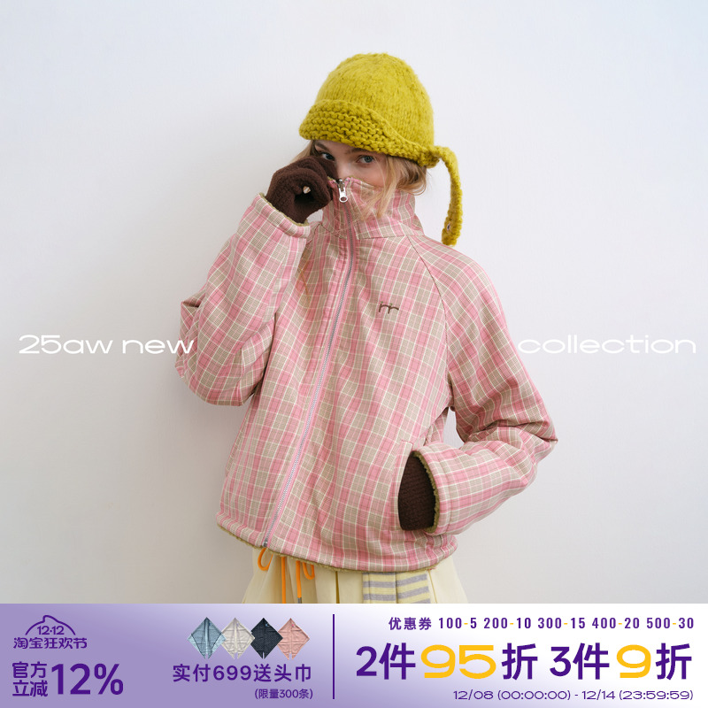 riverstone plus 双面穿摇粒绒格纹保暖立领外套女冬季加厚夹克