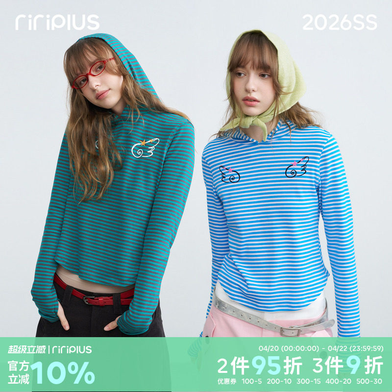 riverstone plus 连帽条纹对称翅膀印花薄卫衣女正肩修身长袖t恤