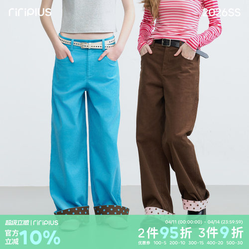 riverstone plus 波点拼接灯芯绒直筒裤女多口袋休闲显瘦舒适长裤