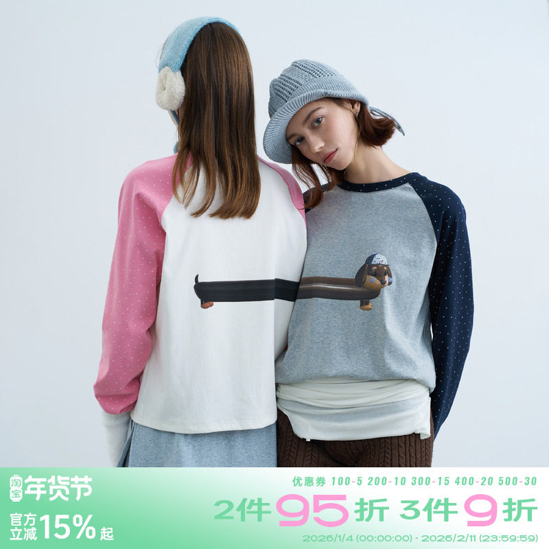 riverstone plus 圆领腊肠狗狗印花拼接长袖T恤女波点插肩打底衫