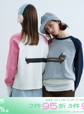 riverstone plus 圆领腊肠狗狗印花拼接长袖T恤女波点插肩打底衫