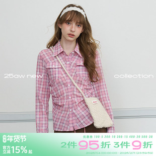 riverstone plus 复古格纹抽褶长袖衬衫春季修身显瘦设计感上衣女