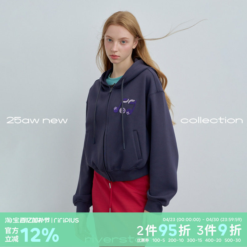 riverstone plus 音符刺绣短款连帽开衫卫衣春季宽松拉链外套女