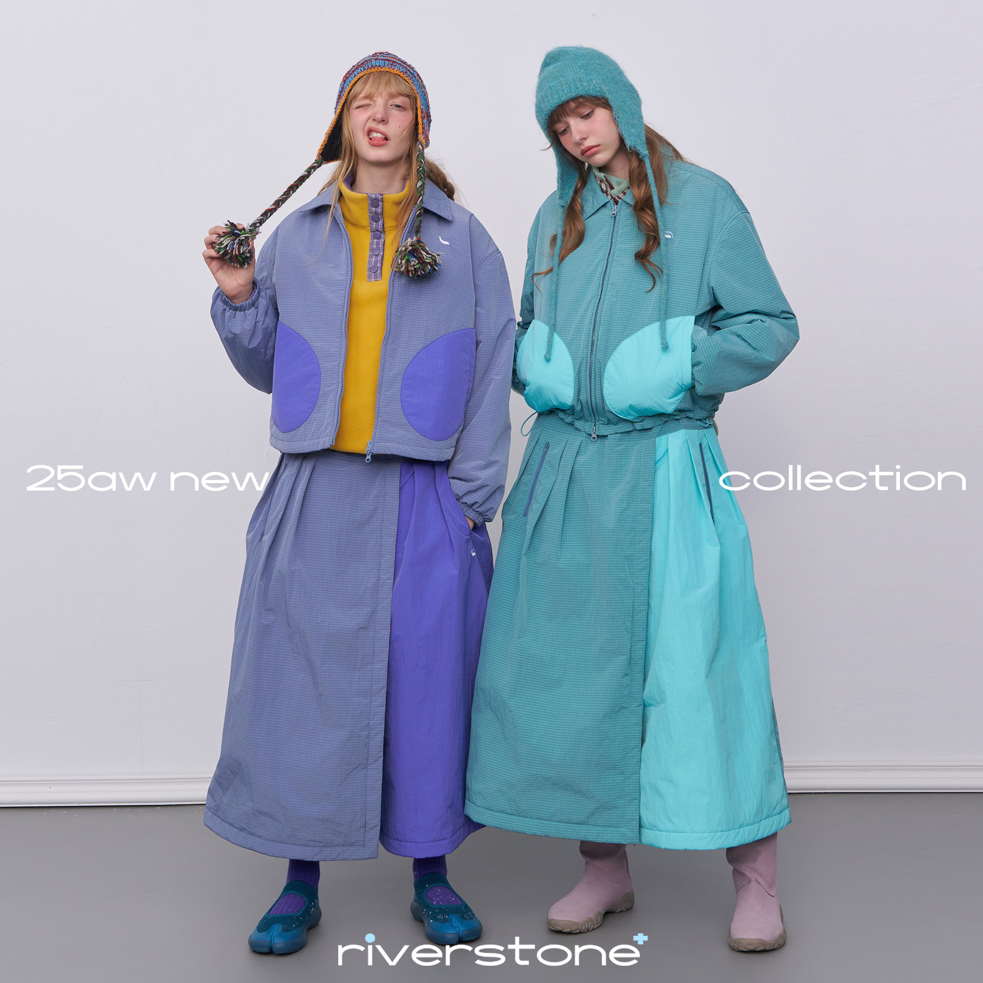 riverstone plus 翻领撞色拼接夹克棉服女设计感蓬蓬松紧宽松裤裙