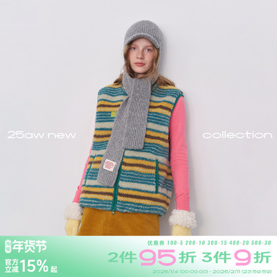 riverstone plus 费尔岛羊羔绒纤维条纹马甲女冬季加厚摇粒绒外套