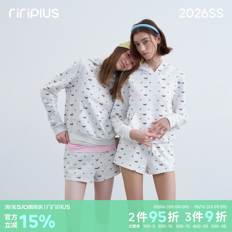 riverstone plus 满印腊肠狗套头连帽口袋卫衣套装女休闲宽松短裤
