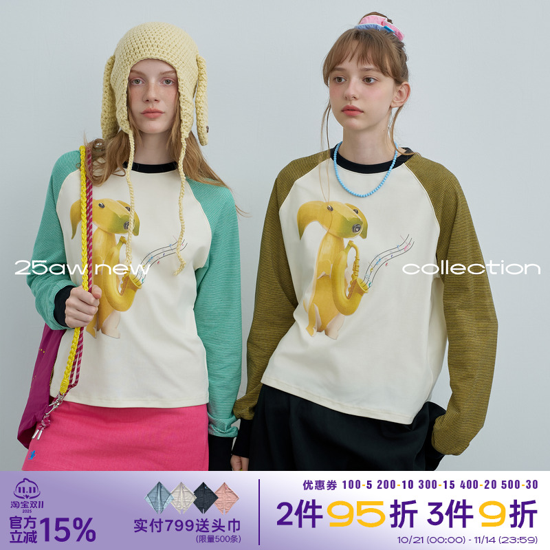 riverstone plus 香蕉狗印花圆领撞色长袖T恤女秋季条纹宽松上衣