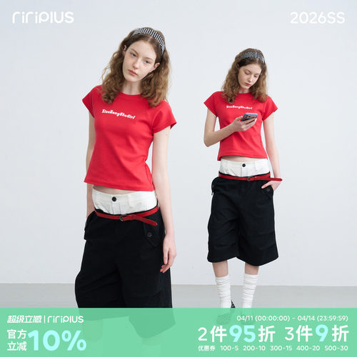 riverstone plus“小红书女孩”印花插肩T恤短袖女修身百搭打底衫